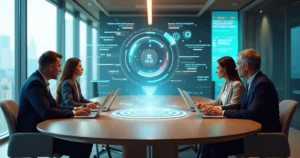 Profissionais contábeis em mesa redonda analisando painel de dados digitais no escritório