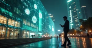 Cidade futurista com números contábeis projetados em fachadas digitais