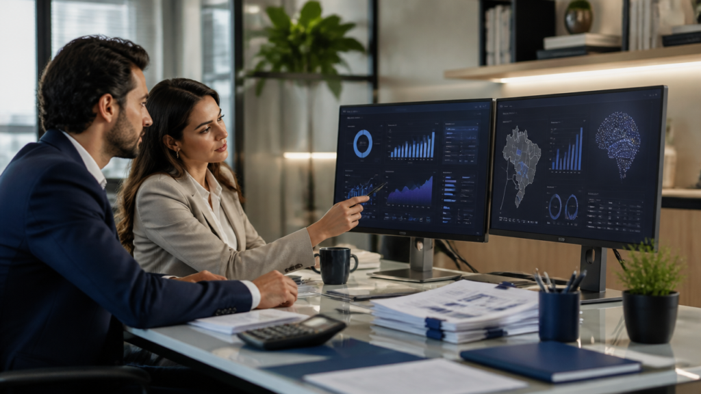 Profissionais de contabilidade analisando dados tributários e automação com apoio de inteligência artificial em escritório moderno