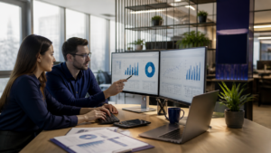 Profissionais de contabilidade em escritório moderno analisando indicadores e fluxos digitais de trabalho.