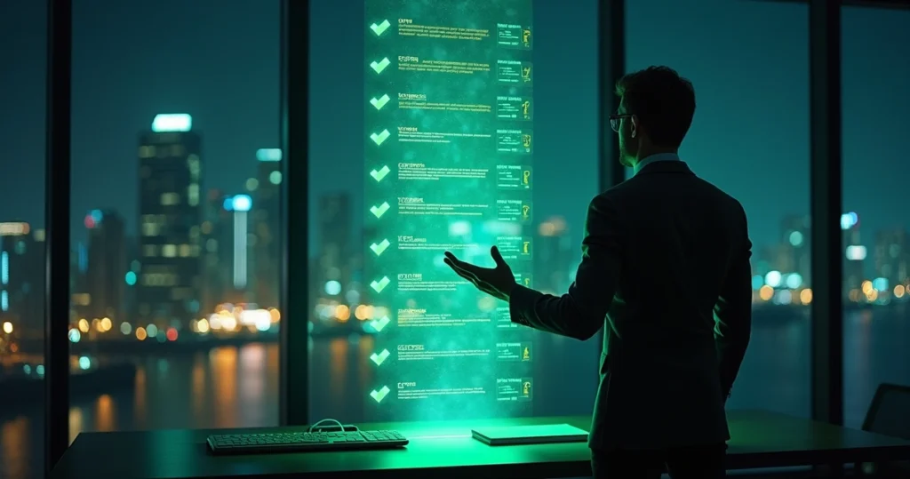 Contador analisa holograma de validação fiscal automática em portal digital verde