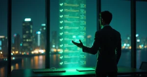 Contador analisa holograma de validação fiscal automática em portal digital verde