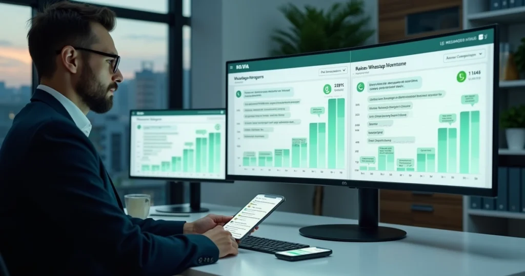 Gestor analisa painel de custos de mensagens do WhatsApp em tela com gráficos