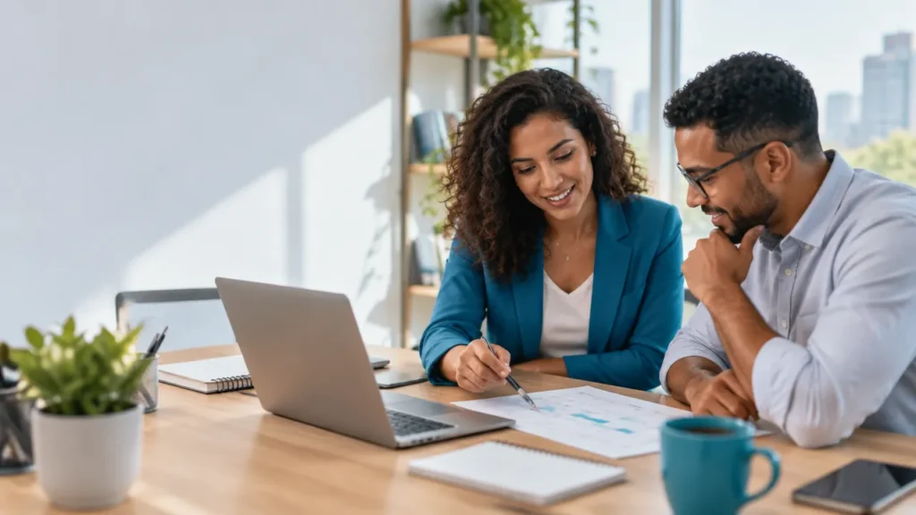 Gestora e funcionário planejam uma nova rotina semanal de trabalho em um escritório